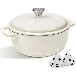 Enameled Cast Iron Dutch Oven Pot With Lid - 5QT Dutch Oven for Bread Baking With Cotton Potholders - Heavy-Duty Cookware for Braising, Stew, Roasting, Oven Safe up to 500 ° F, Cream White