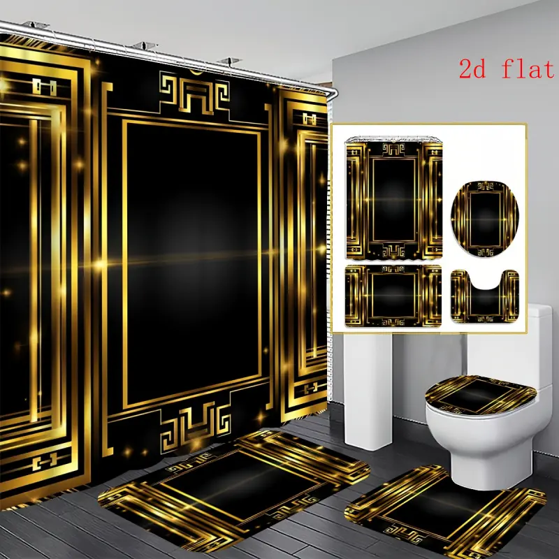 4pcs Art Deco Golden Shower Curtain Set, Black Golden Geometric Frame Bathroom Decor, Accessories with Bath Mat, U-shaped Mat, Toilet Lid Cover, 12 Hooks 70.87x70.87inch Curtain, Glam Modern, Home Decor, Bathroom Accessories.