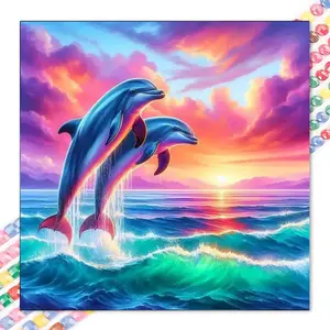 1 set of DIY diamond painting kit, 5D diamond art set, DIY decoration dolphin, sunset, waves mosaic, diamond art, DIY art home decoration.