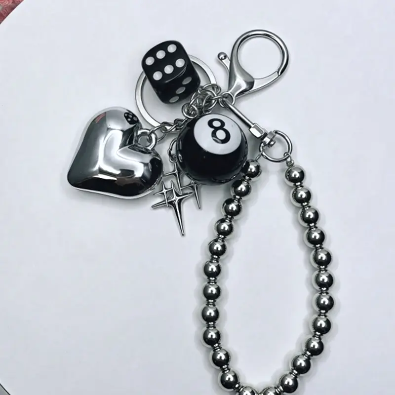 Personalized metal dark style street cool beaded keychain, DIY handmade keychain pendant four-pointed star dice bag pendant 8 ball element peach heart keychain pendant, small and exquisite versatile bag small object pendant Keychain For Bags