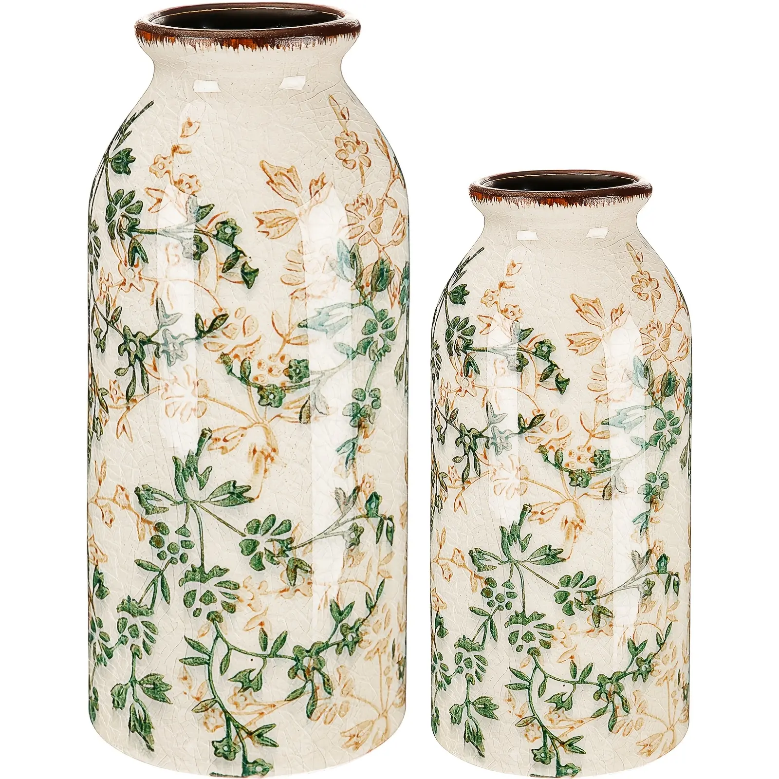 Elegant Floral Vases Set of 2 - Handcrafted Ceramic Vases with Green and Gold Accents for Home Decor