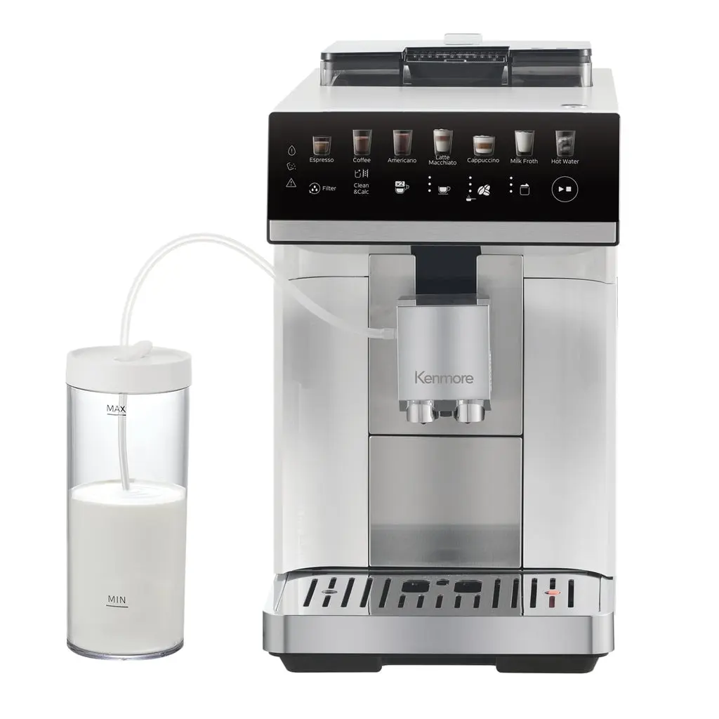 Kenmore Full Auto Ultra Slim Coffee Maker Machine - KKSACM-W Model, 120V, 1400W Power, Under 9", Silver & White