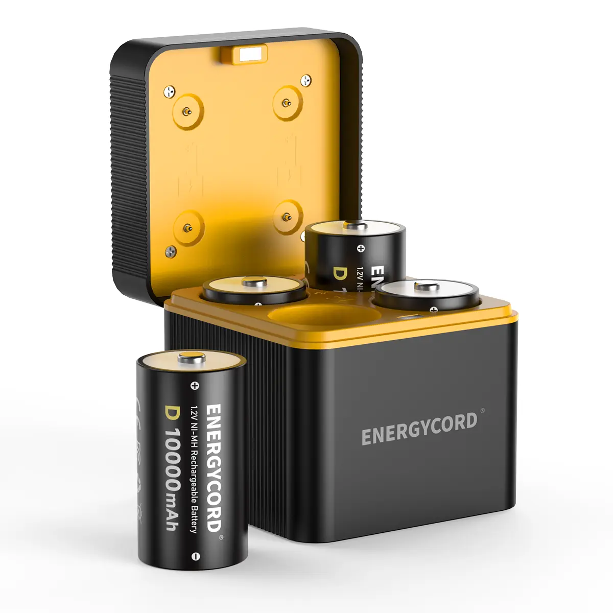ENERGYCORD 4 Counts Rechargeable D Batteries with Charger Box, 10000mAh 1.2V NiMH D Cell Batteries, 4-Slot Smart LED Fast Charger with Type-C USB Input