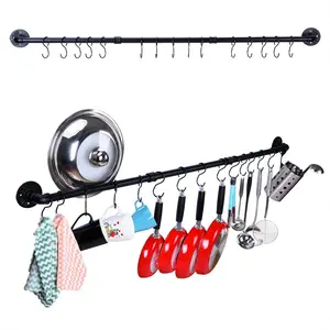 50.4 inch Hanging Pot Rack Wall Mounted Pot Pans Hanging Rail, Industrial Long Pot Pan Bar With 15 S Hooks, Black Pot Hangers Kitchen Pot and Pan Hanging Rack
