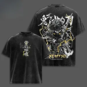 Limited Edition Thunder Breathing Zenitsu Agatsuma T-Shirt Demon Slayer Anime Graphic Tee Oversized Acid Washed Soft Cotton Men Shirts Anime Streetwear Casual Menswear Unisex Apparel Gift for Anime Fans Demon Slayer Merch Unisex 100% Cotton T-shirt