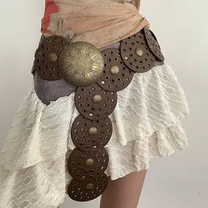 Round Disc Waist Belt American Retro Subculture Belt Women's Versatile Leather Belt