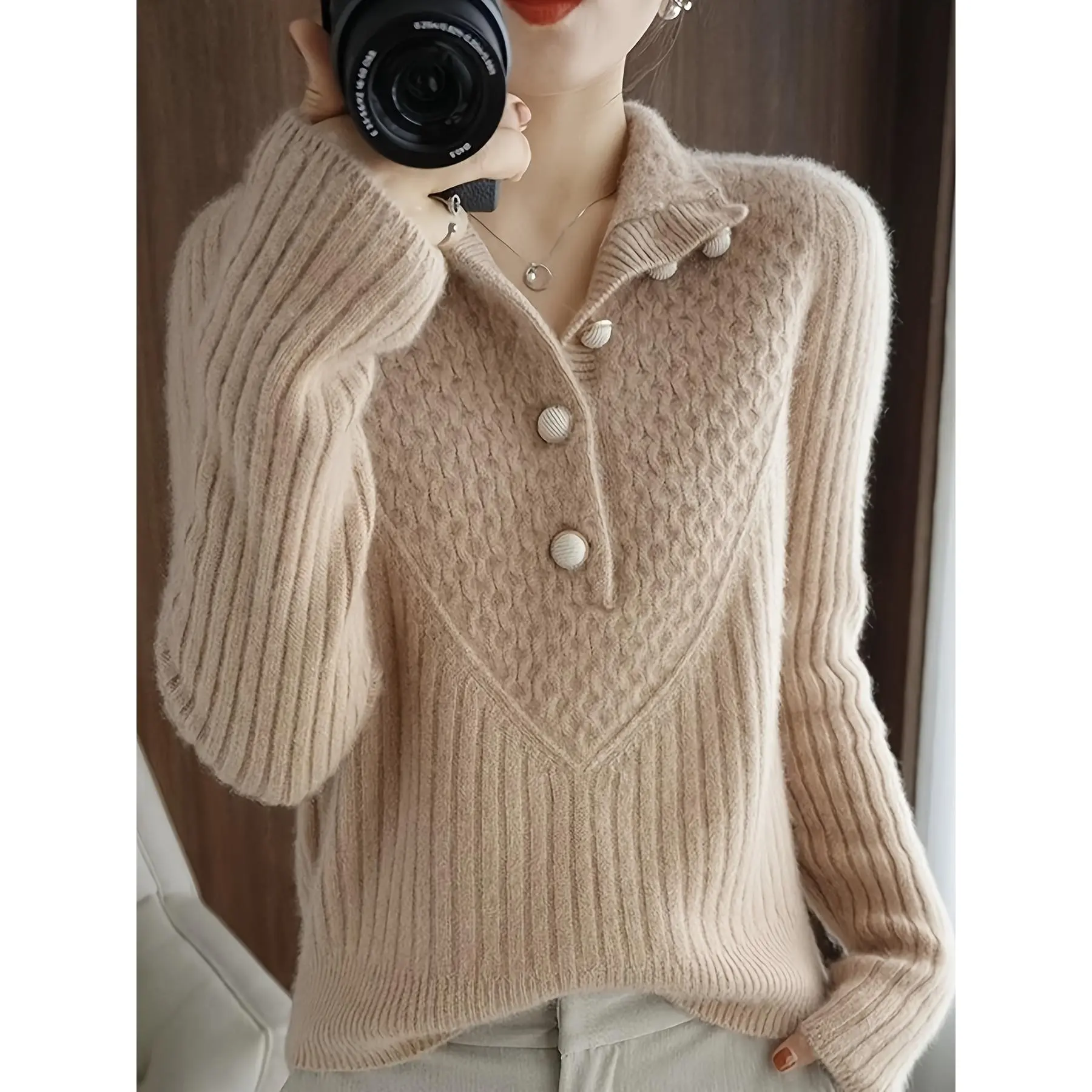 Women's Sweater - Elegant Beige Pullover Sweater, Chic Collar Button-Front Sweater for Office, Formal Events & Casual Attire - All-Season Women's Sweater, Versatile Wardrobe Staple, Textured Knitwear, Cozy Material, Stylish Top, Fashionconscious Buyers