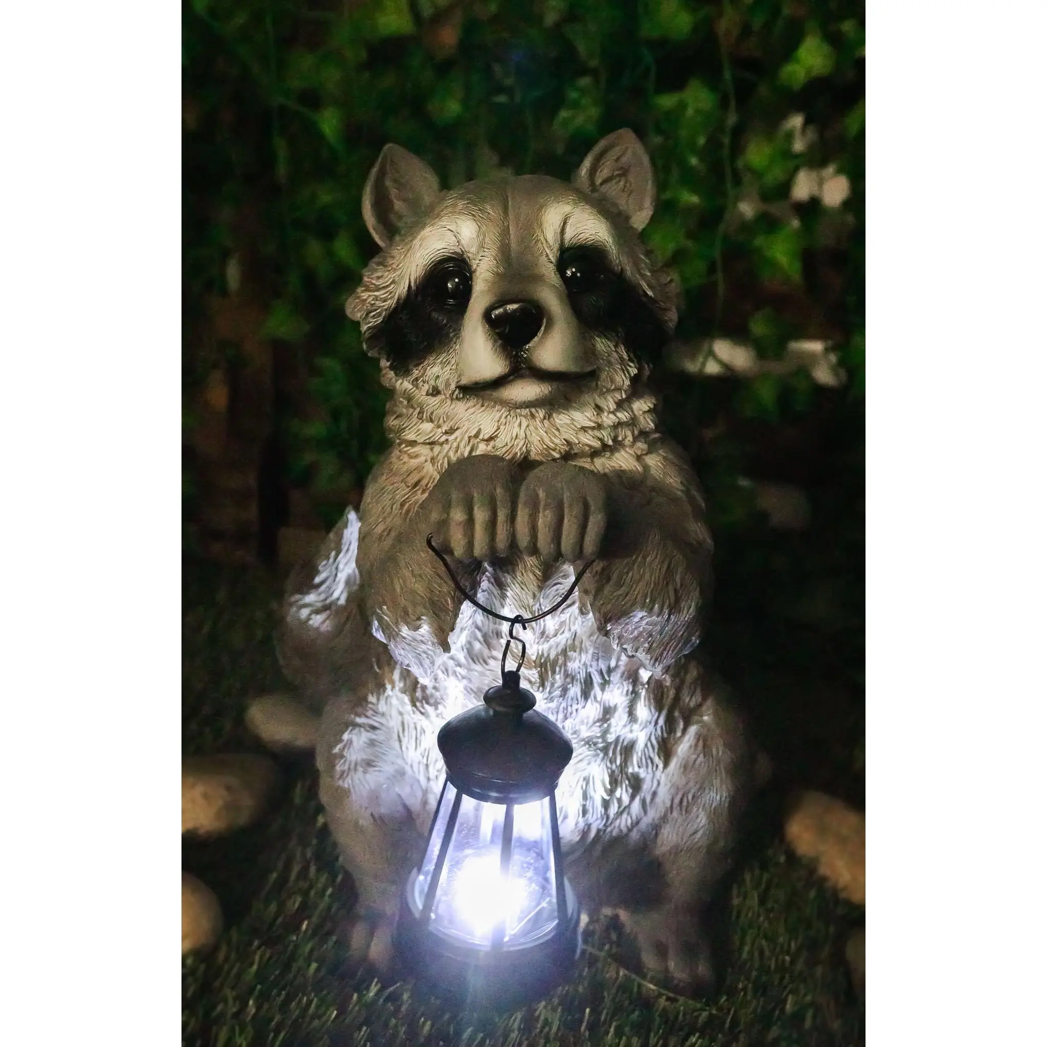 Ebros Night Bandit American Raccoon Statue with Solar-Powered LED Lantern, 15"H 9" Deep 6.25lbs Outdoor Home Decor for Tree, Deck, Patio Lighting with UV Protection