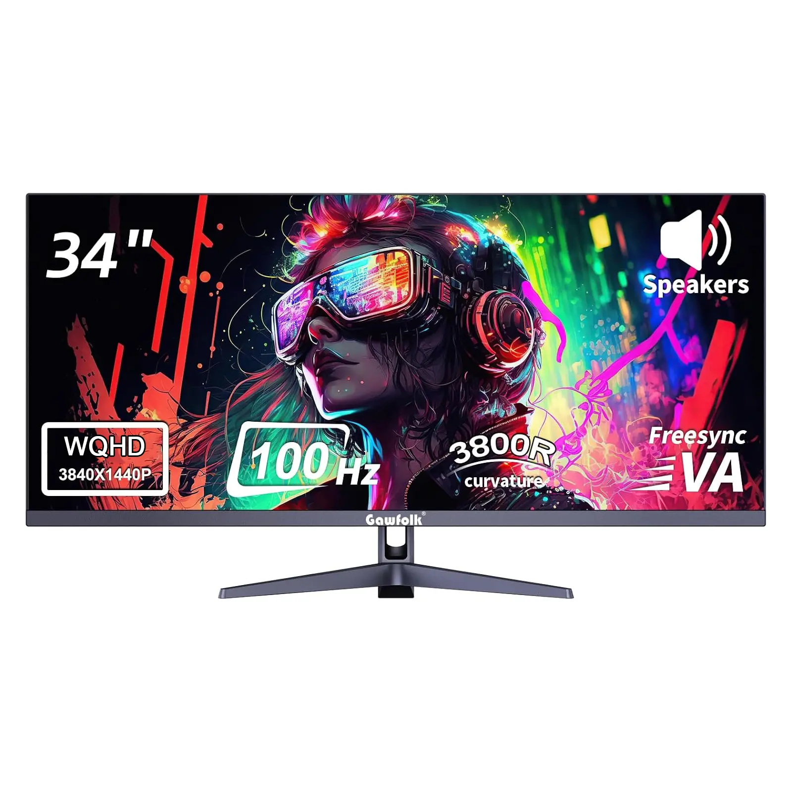 Gawfolk 34 Inch 3800R Curved Ultrawide Monitor, UWQHD 3440×1440 100Hz IPS PC Screen, 100% sRGB, FreeSync, Built-in Speakers, HDMI 2.0 DP 1.2, 100x100 VESA Mount, Eye Care Gaming & Office Monitor