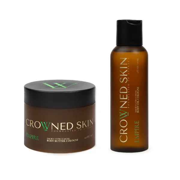 Crowned Skin Empire Body Butter & Oil (4 oz) Bundle | Nourishing | Lightweight Moisture | Smoky Citrus Musk | Soothing | Fragrance | Skin Care