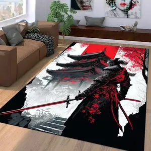 Japanese Samurai Cherry Blossom Flannel Area Rug - Red & Black Ink Wash Print Soft Mat for Gaming Room & Bedroom, Non-Slip Asian Inspired Home Decor #SamuraiRug #CherryBlossomMat #AsianInspiredDecor #JapaneseInkArt #NonSlipFlannelRug