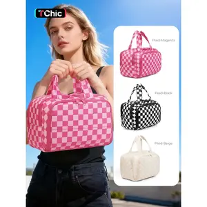 Crush 4-in-1 Puffy Toiletry Bag for Women, Large Capacity Travel Organizer with 4 Compartments Outdoorfun Makeup Pouch Holiday, Checkered Makeup Bag, Nylon Travel Makeup Bag Organizer, Cosmetic Travel Bag Vertical Storage Toiletry, Travel Cosmetic Bags