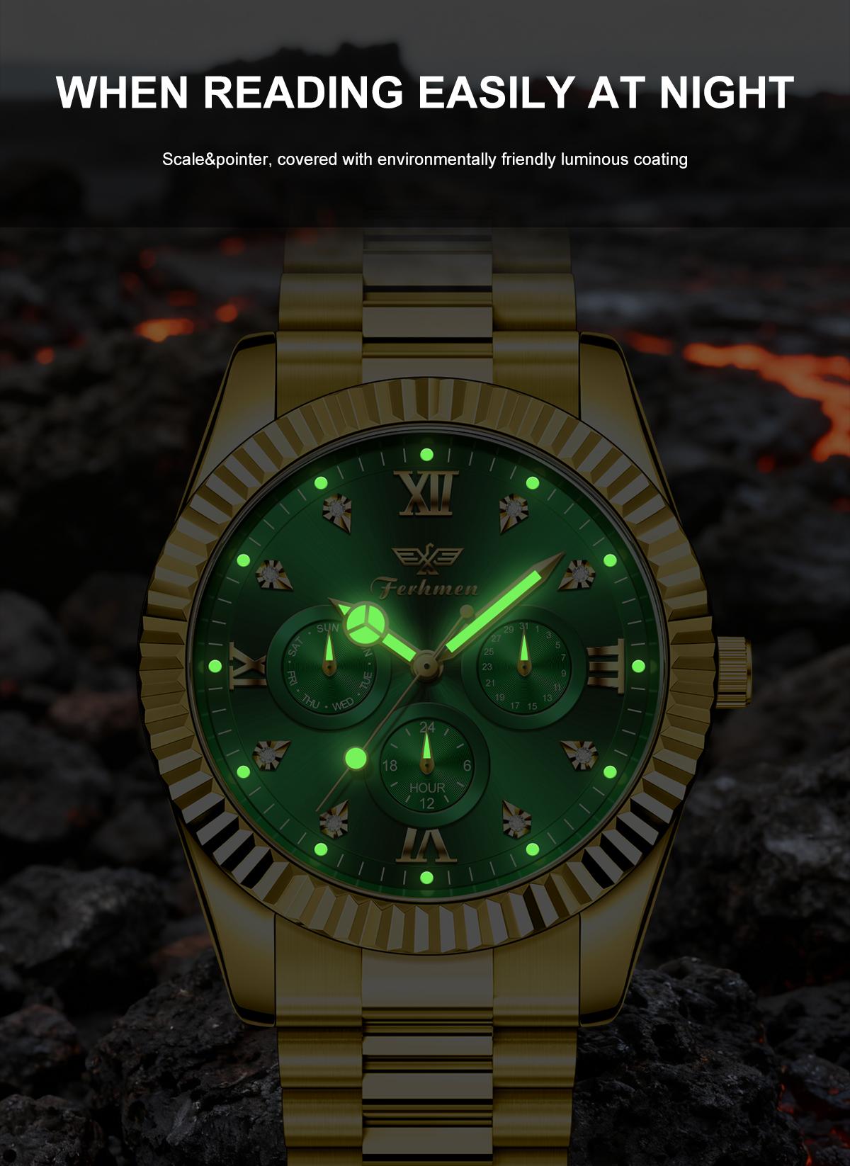 Ferhmen Men's Luxury Dress Watch, 41mm Gold Dial,Stainless Steel Band, Rotating Quartz Analog, relojhermoso, Waterproof & Lum, anniversary giftinous BigFace Wristwatch, Elegant Boss Style Watch