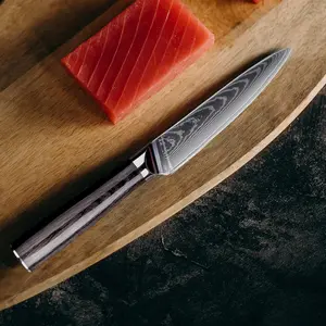 5-inch Damascus Style Japanese Chef Knife VG-10 Damascus Utility Knife - All-Purpose Kitchen & Camping Chef Knife with Black Pakkawood Handle Paring knife，Black Blade razor-sharp blade boning  knife santoku