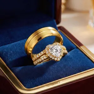 Lvrong Couple Rings Matching Ring Heart 1CT AAA CZ Yellow Gold Plated Women Wedding Ring Sets For Him And Her Rings