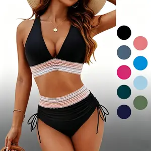 Women 2-pieces Stylish mom High Waisted Bikini Sets Tummy Control Swimsuits with Adjustable Wide Shoulder Straps Color Block Drawstring Bathing Suit #SwimWeek #Summervibes