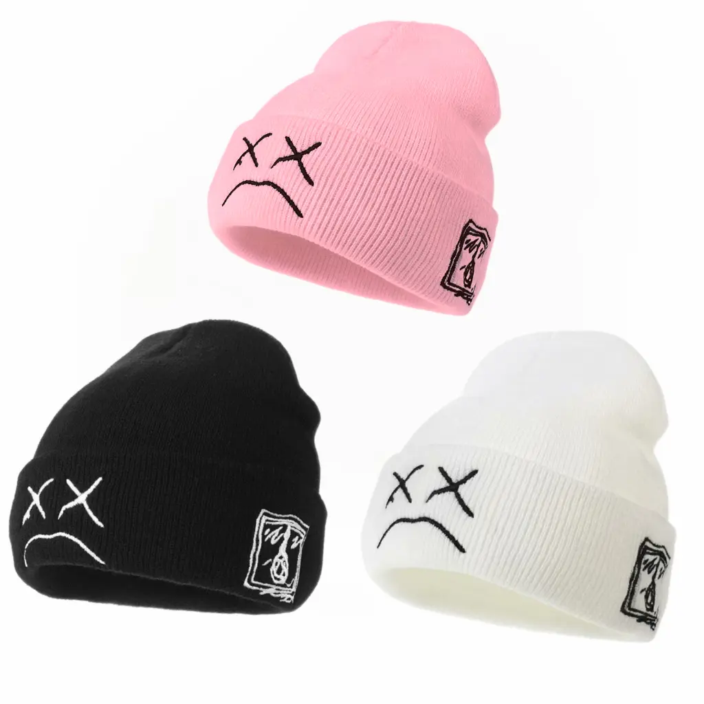 Unisex Streetwear Slouchy Beanie - Thick Stretch Knit Cotton, XX Embroidered Sad Face, Warm Windproof Autumn & Winter Hip-Hop Headwear for Everyday Use