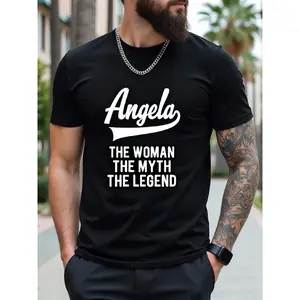 Angela The Woman The Myth The Legend Funny First Name T-Shirt - 100% Cotton 180g Heavyweight Retro Crewneck Tee, Unisex S-XXXL (Men's & Women's Sizes), Bold White & Black Name Gift for Angela Fans, Casual & Workout Apparel