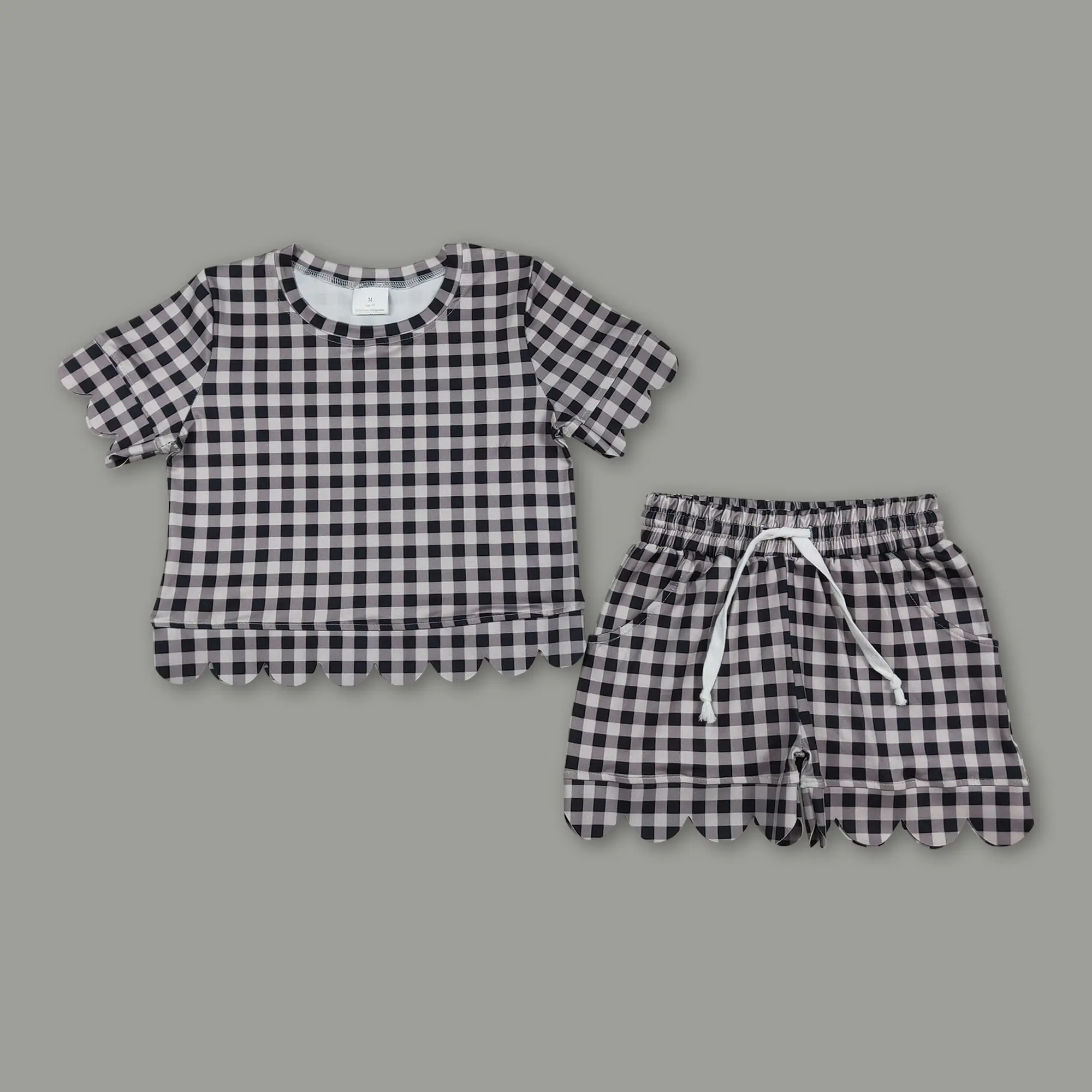 Girls' Gingham Shorts Outfit, 2-Piece Summer Set with Scalloped Edge and Front Zip Top, Cute Slight Stretch Cotton Blend, Cute Shorts, Bow Detail, 5% Spandex Flex, Tts Fit For Kids, Print Fabric Flex, 3T, 2T