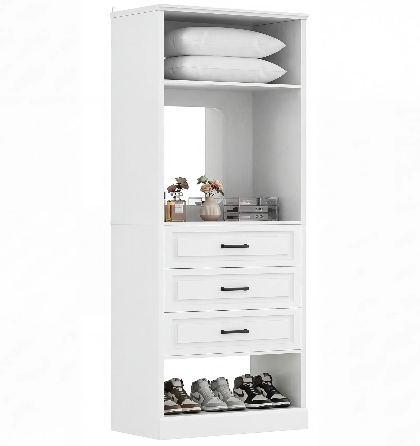 Freestanding Closet System, Modern Armoire Wardrobe with Built-in Mirror, Walk-in Storage Cabine Organizer for Small Closet