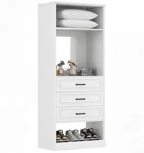 Freestanding Closet System, Modern Armoire Wardrobe with Built-in Mirror, Walk-in Storage Cabine Organizer for Small Closet