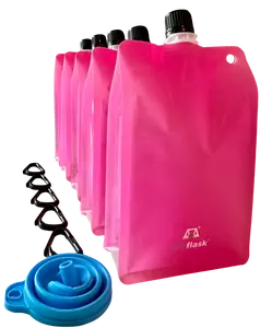 BellFlask -  (Pack of 5, Pink) 15 oz. Plastic Flask, Patented, Flexible, Metal-Free, Reusuable, BPA-Free with Carabiner Clip and Filling Funnel