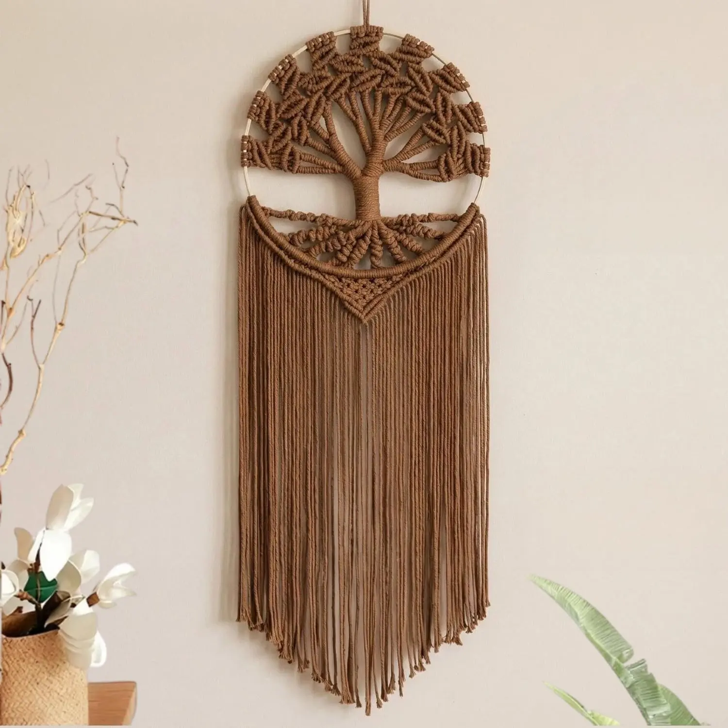 Sylfaen Cotton Knot Tree of Life Macrame Wall Hanging - Lightweight Boho Handmade Woven Tapestry, Durable Home Supplies Decorative Farmhouse Art for Living Room, Office Gift (Brown)