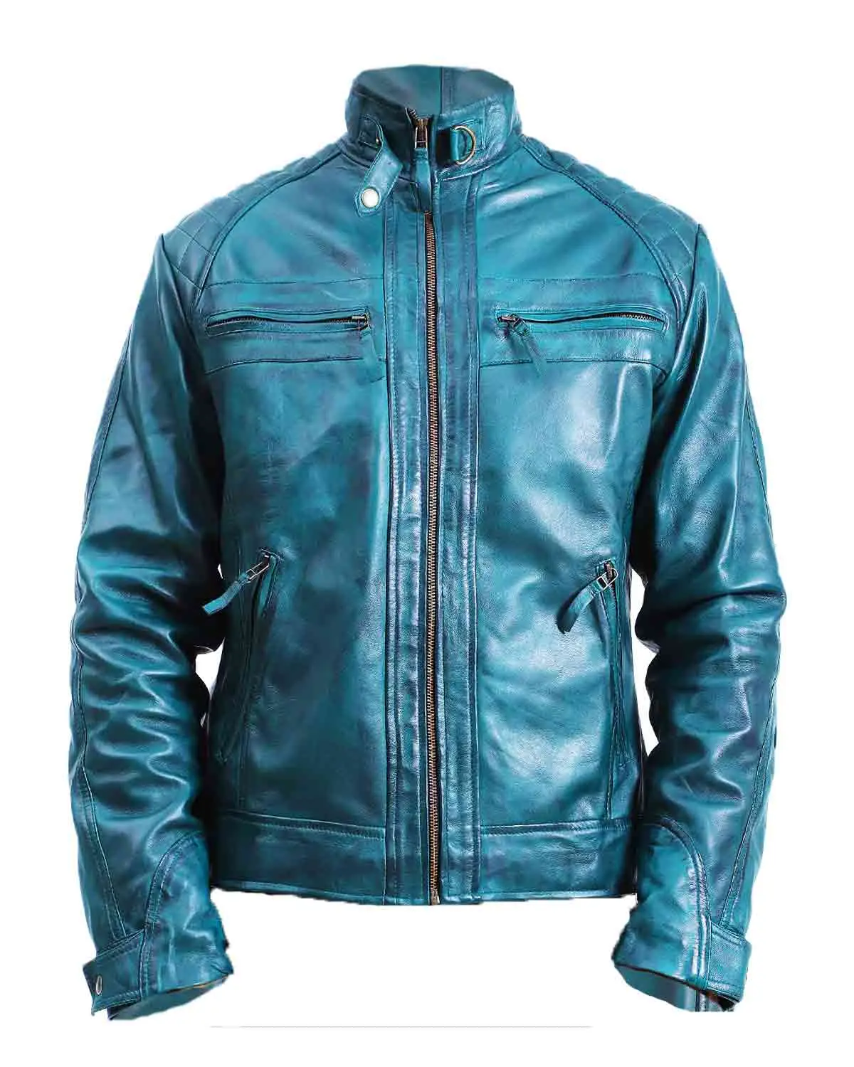 MotorCycleJackets Mens Quilted Green Cafe Racer Leather Jacket