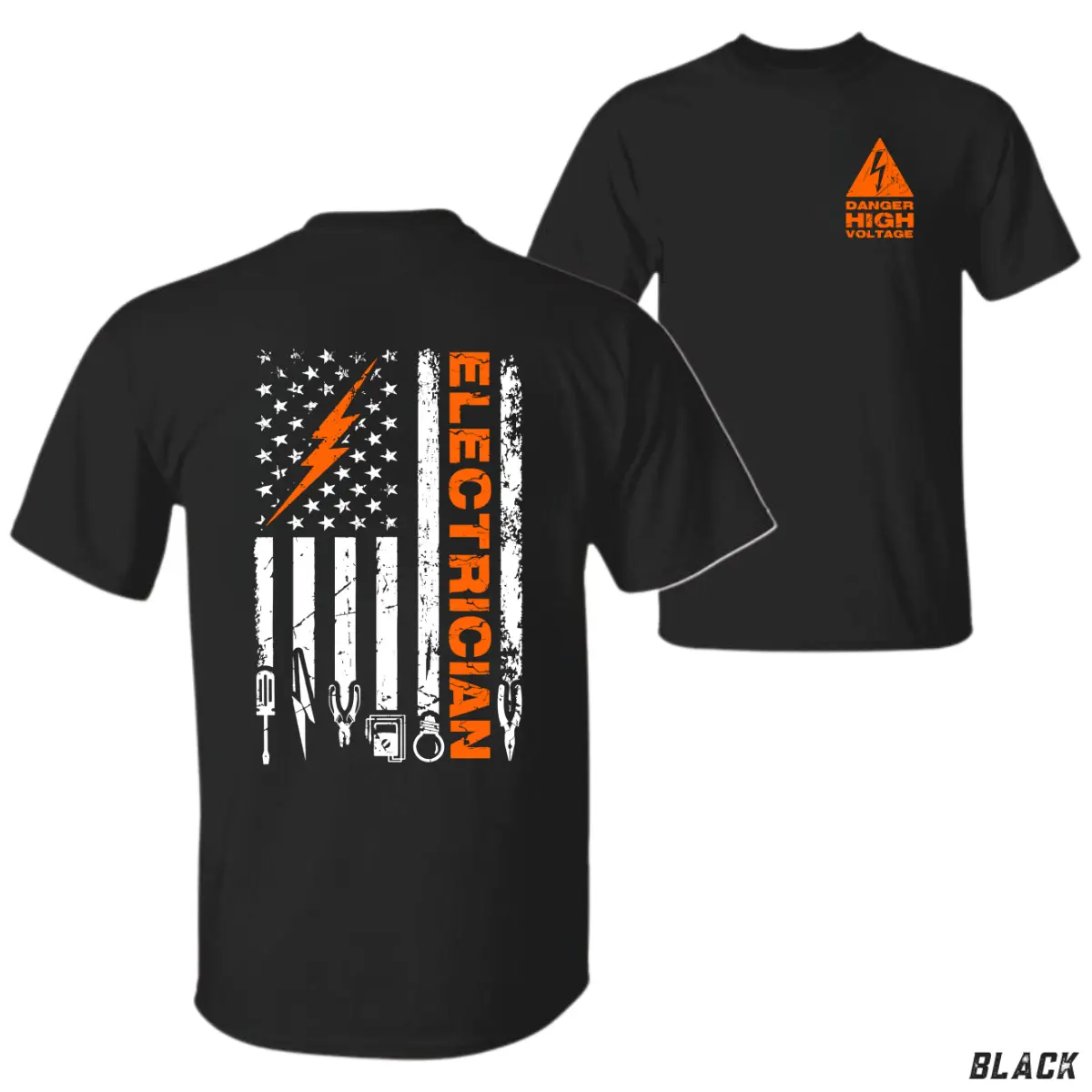 Electrician American Flag T-Shirt – High Voltage Warning Tee for Men, Patriotic Electric Worker Shirt with Tools & Lightning Bolt Graphic, Perfect Gift for ElectriciansMen’s Premium Graphic Tee RidgeHiker