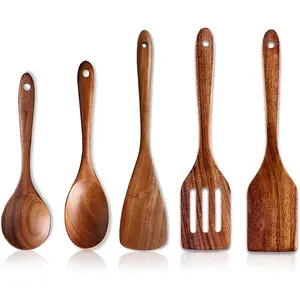 5-Piece Set of Best Wooden Cooking Spoons Kitchen Utensils Set Acacia Wood Cooking Spatula Turner Non-Toxic Utensils with Slot Serving Spoon Flat Spatula Set Wooden Utensils Stirring Cooking Spoon Kitchen Tools