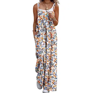 Women's Summer Boho Cotton Casual Jumpsuits Wide Leg Overalls Floral Print Baggy Rompers with Pockets PZZCR
