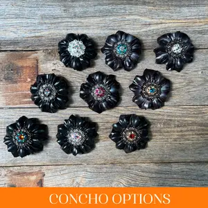 Black Carnations Leather Flowers - 1" Crystal Conchos - Options