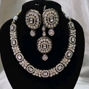 Mossanite AD 3 piece set -Necklace, earrings and tikka