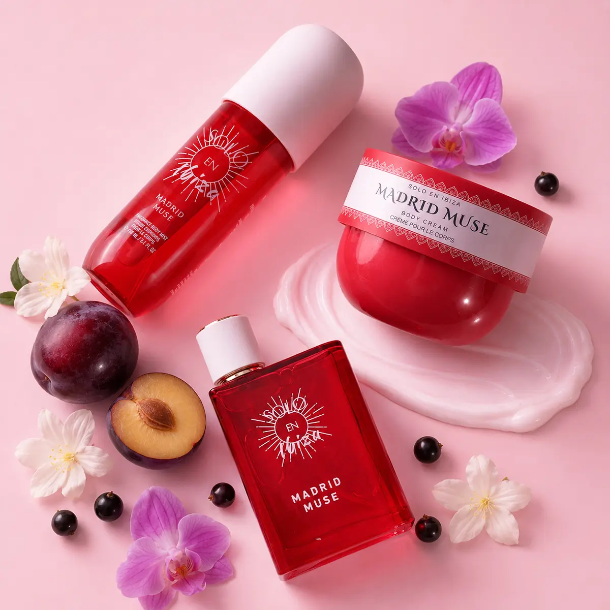 SOLO EN IBIZA Madrid Muse 3-Piece Multi-Pack Fragrance Set, Scent Layering Bundle with Body Cream, Body Mist & Perfume, Long-Lasting Plum & Vanilla Fragrance, Vegan & Cruelty-Free, Fragrance Sets