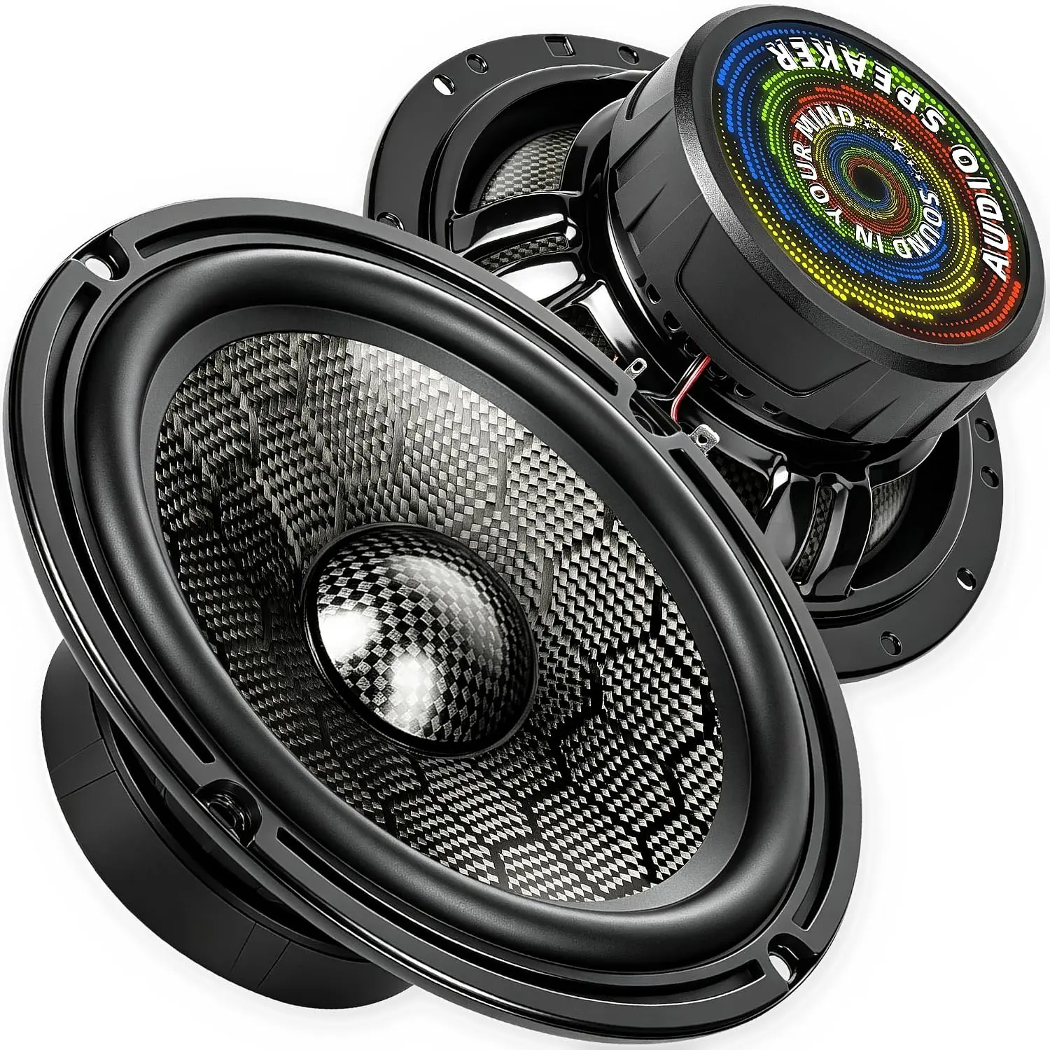TANVSO CarbonForce 6.5 Speakers, 1200W Peak 4 Ohm 6.5 Inch Car Speakers, 6-1/2 MidBass Woofer with Honeycomb-Weave Carbon Fiber Cone, Carbon Fiber Dust Cap for Car & Truck Doors, 2 Pack
