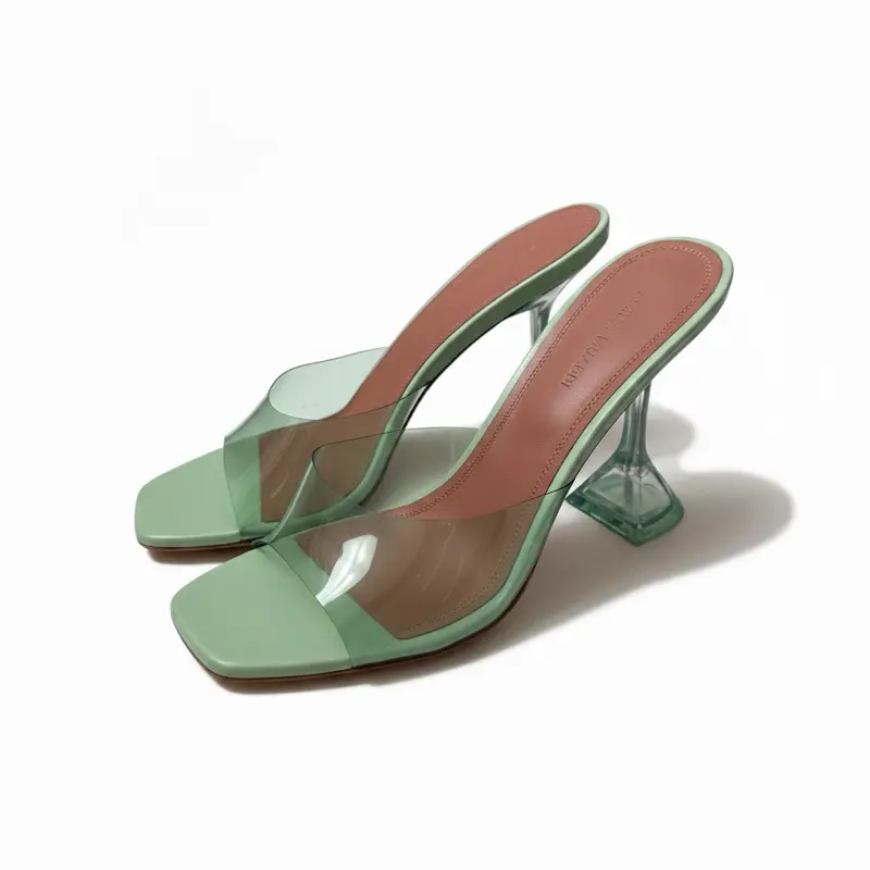 Amina Muaddi Lupita Glass Sandals in Mint Size 38