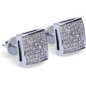 925 Sterling Silver Square Screw Stud Earrings 14K Gold 5A+ Cubic Zirconia Iced Out Square Screw Back Hypoallergenic Cube Large Stud Earrings For Men Women