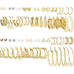 36 Pairs Gold Earrings Set for Women, Fashion Pearl Chain Link Stud Drop Dangle Earrings Multipack Hoop Earring Packs, Hypoallergenic Earrings for Birthday Party Jewelry