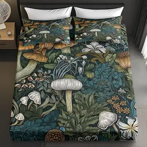 3-Piece Comfortable Mushroom & Floral Bed Sheet Set, Soft HD Digital Print, Includes 1 Fitted Sheet + 2 Pillowcases, Perfect for Home Bedroom
