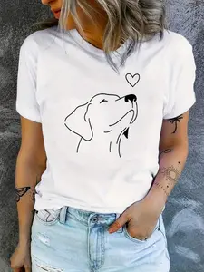 Women's Solid Color Round Neck Short Sleeve Dog Print Casual Loose T-Shirt White Summer