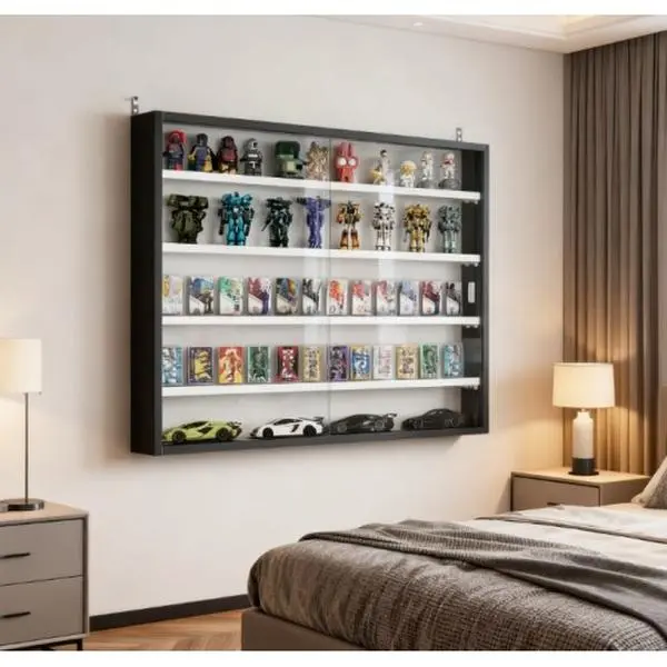 Adjustable Glass-Mounted Floating Display Cabinet - Wall Mounted Space-Saving Home Decor, Easy Installation, Full View, 7 in Depth, 4 lbs Per Unit, Medal Storage Organizer for Home Office, Black + White + Glass + Particle Board, Hallway Decor, Home Suppli