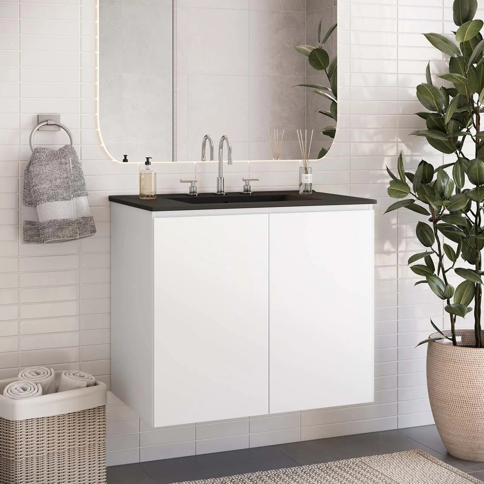 Modway Bryn 30" Wall-Mount Bathroom Vanity, Modern Bathroom Furniture, in White-Black