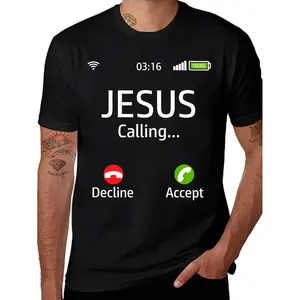 Men's Jesus Is Calling Graphic T-Shirt - Black Faith-Inspired Summer Tee with Bold Red Print, Casual Round Neck, Machine Washable Polyester Fabric, Casual Wear  Round Neck Tee  Regular Fit Shirt