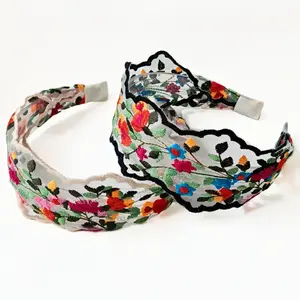 plaid  headband New Chinese Style Embroidered Flower Headband Ethnic Floral Cotton Linen Fabric Wide Edge High Skull Top National Trend Literati Retro