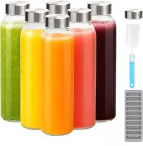 Glass Juice Bottles with Lids for Juicing 18 oz, Reusable Clear Glass Water Bottles with Stainless Steel Airtight Cap for Refrigerator, 100% Leak Proof Drinking Jar, BPA Free, Set of 6