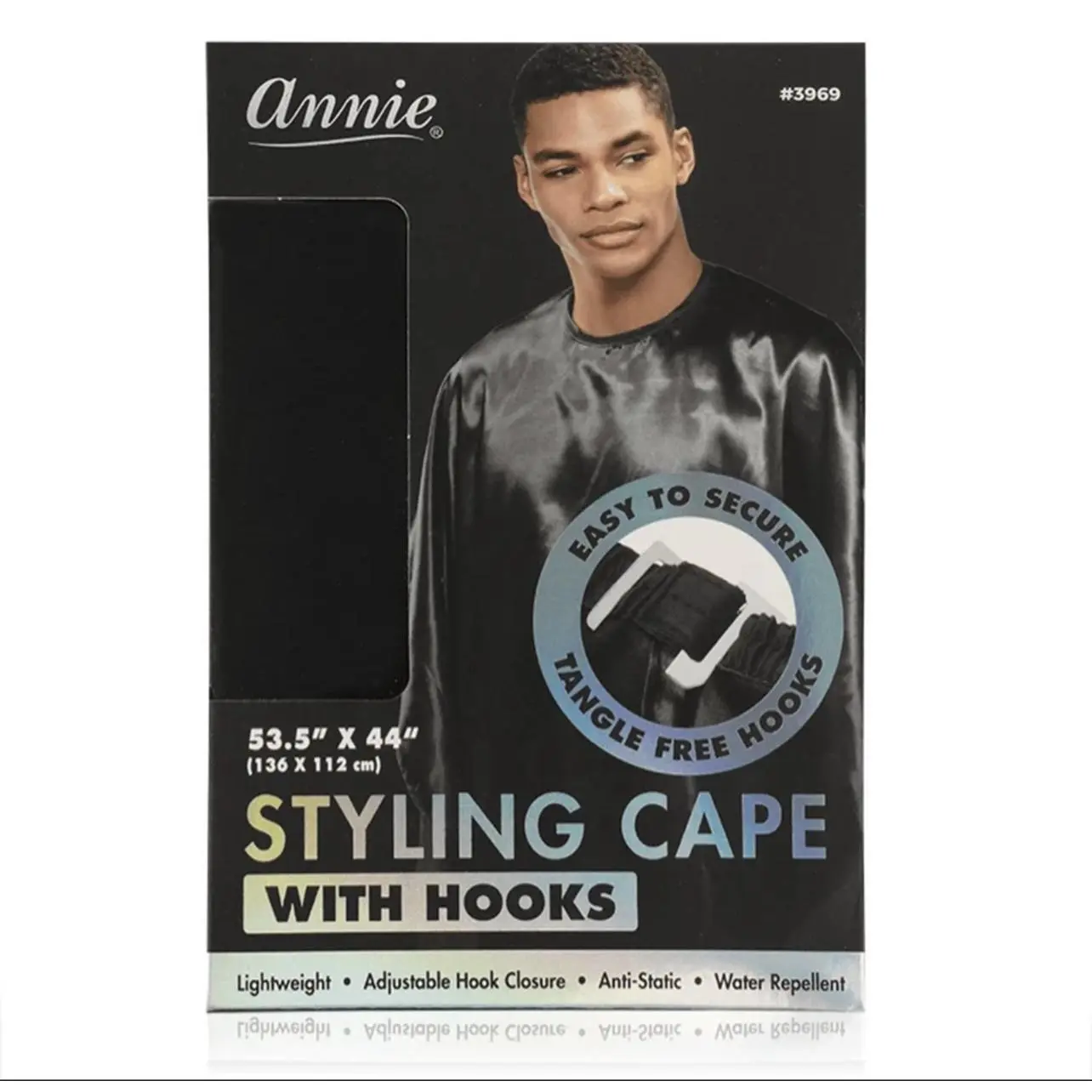 Annie Premium Styling Cape with Stretchable Hook 53.5" x 44" Black Anti-Static Water Repellent for Barbers & Stylists