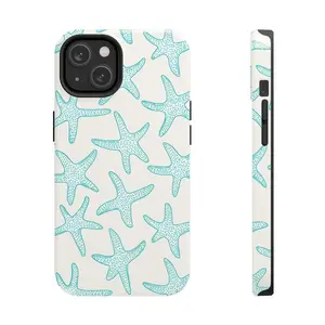 Turquoise Starfish on Off-White Coastal Print Phone Case — Compatible with Samsung S26/S25/S24/S23/S22/S21, iPhone 17/16/15/14/13/12/11, Drop-Resistant, Non-Slip, and Fade-Resistant, Nautical Summer Beach Protective Cover