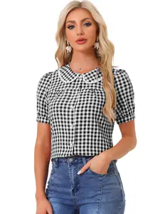 INSPIRE CHIC Summer Gingham Blouse Plaid Top Short Sleeve Button Down Peter Pan Collar Shirt