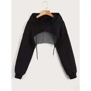 Street Sport Drop Shoulder Drawstring Hollow Out Super Crop Sports Hoodie Without Cami Top
