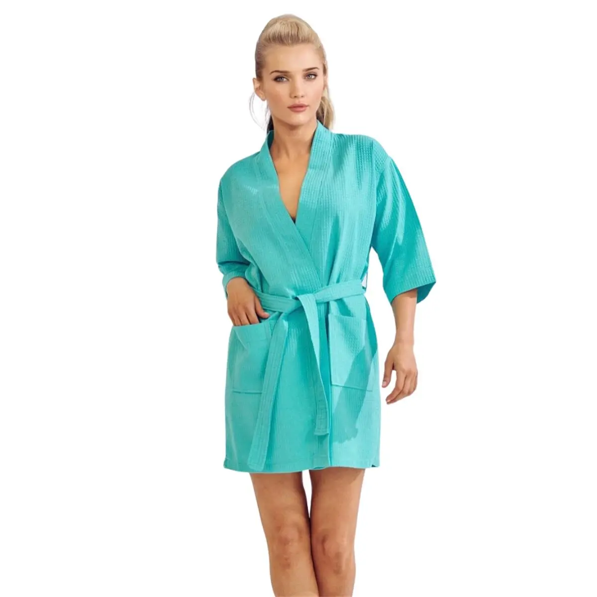 212 MAIN Women's Thigh-Length Waffle Weave Cotton-Poly Blend Kimono Bathrobe Waffle Bath Towels, Minimalist Flat Neck Loungewear with Patch Pockets, Turquoise - Small, Medium